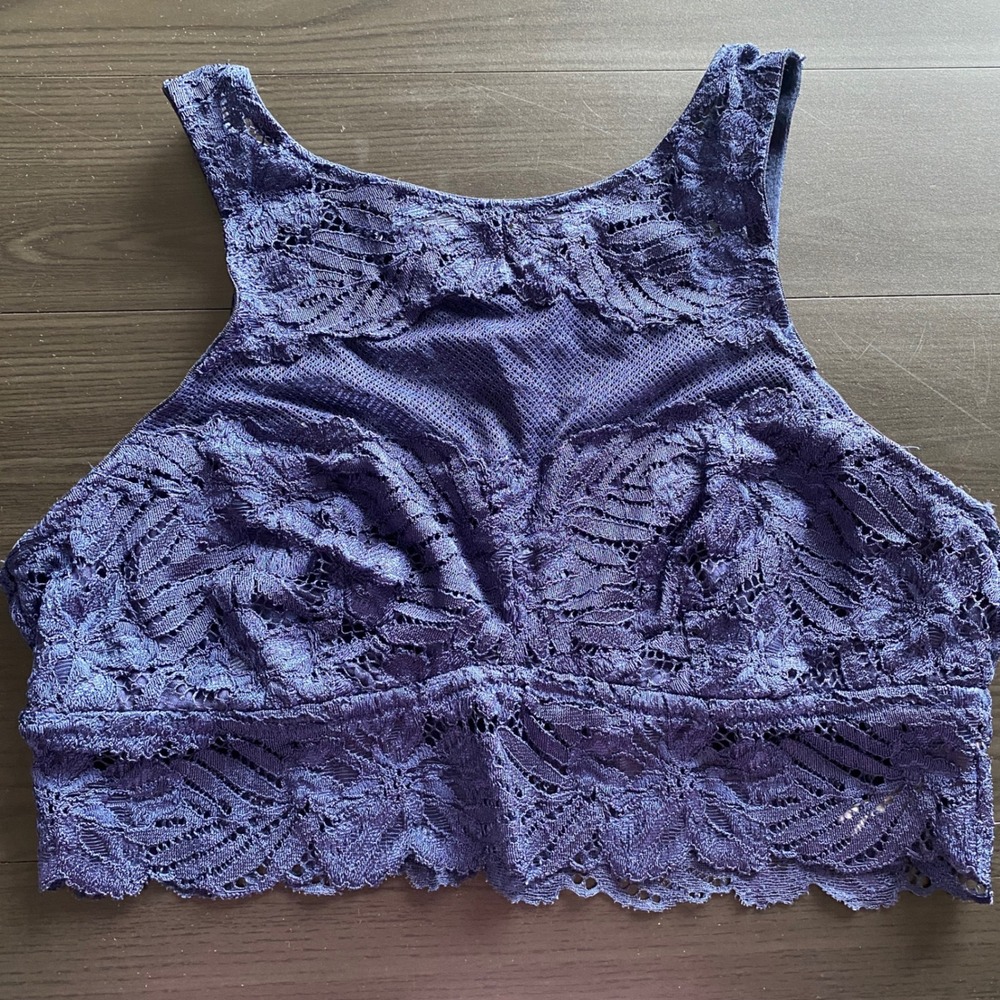 Aerie Navy Blue Floral Lace High Neck Bralette Large Scalloped Trim Mesh Panel
